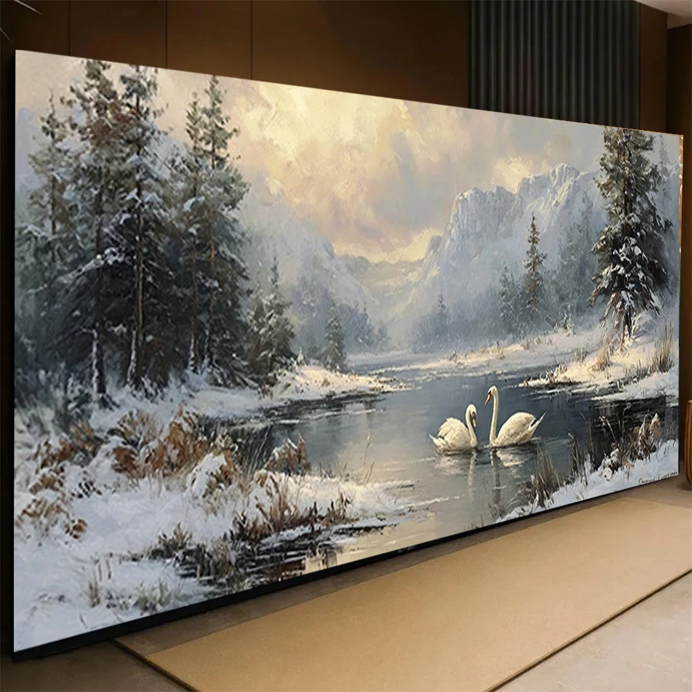 

Large Size Diamond Art Kits for Snow Mountain Tree Swan Landscape, Full Round Square DIY 5D Diamond Painting Home Decr Gift