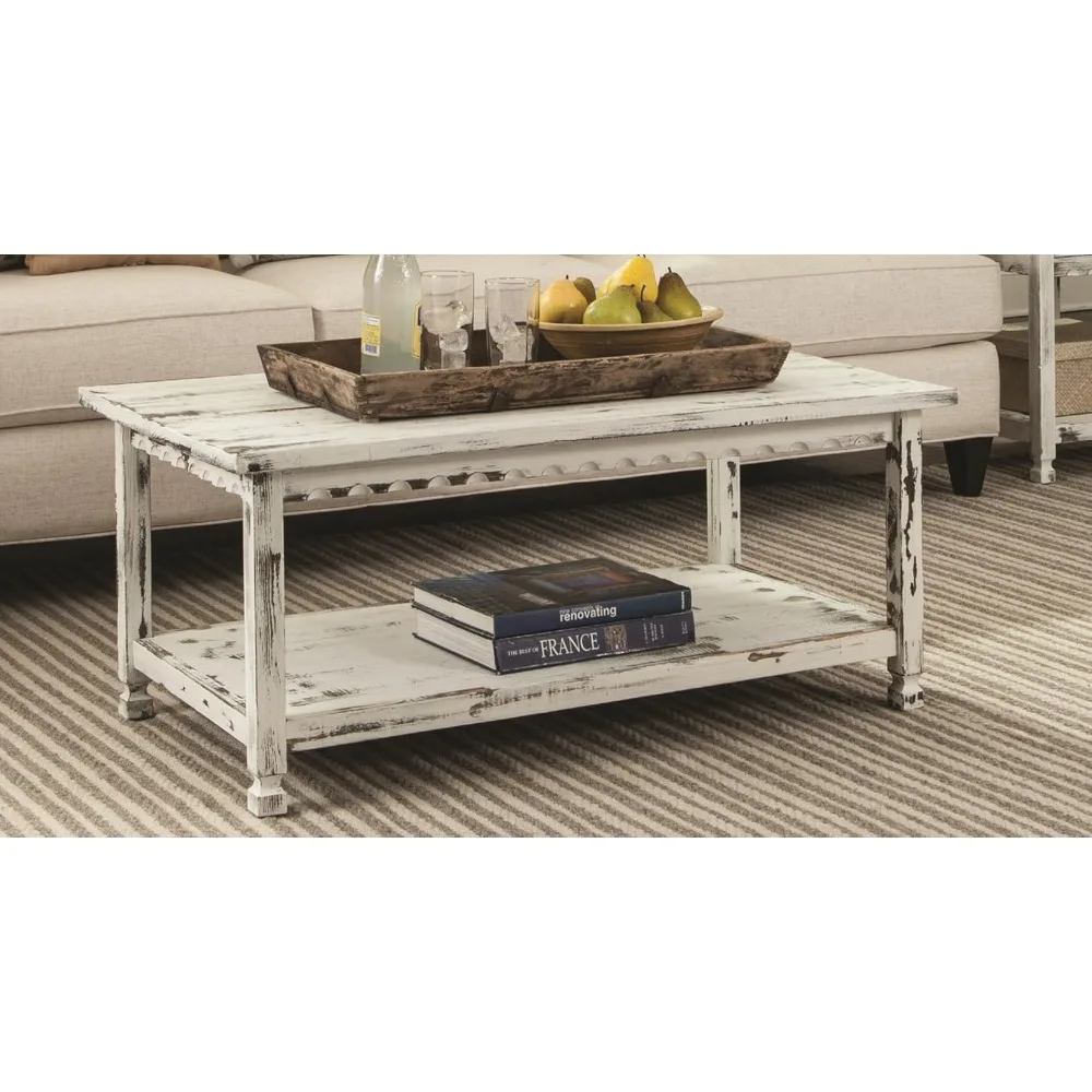 Rustic Rectangular Coffee Table with 1 Shelf, White Antique Embossed Finish - Selected Hardwoods (Pine/Acacia)