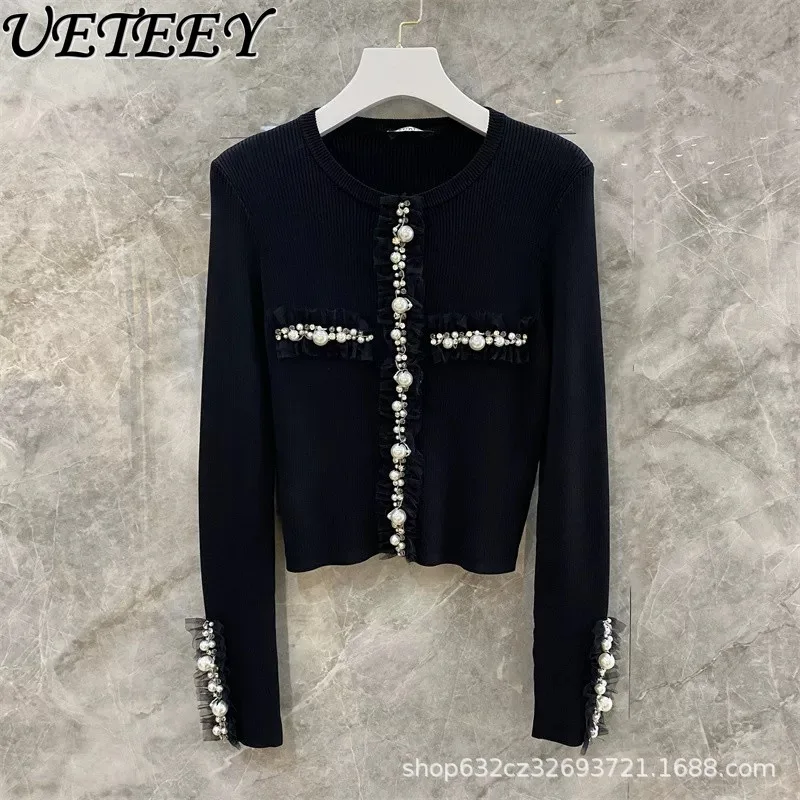 High-end Diamond-encrusted Short Knitted Cardigan Women's Autumn New Niche Slim-fitting Fashion Foreign-style Bottoming Shirt