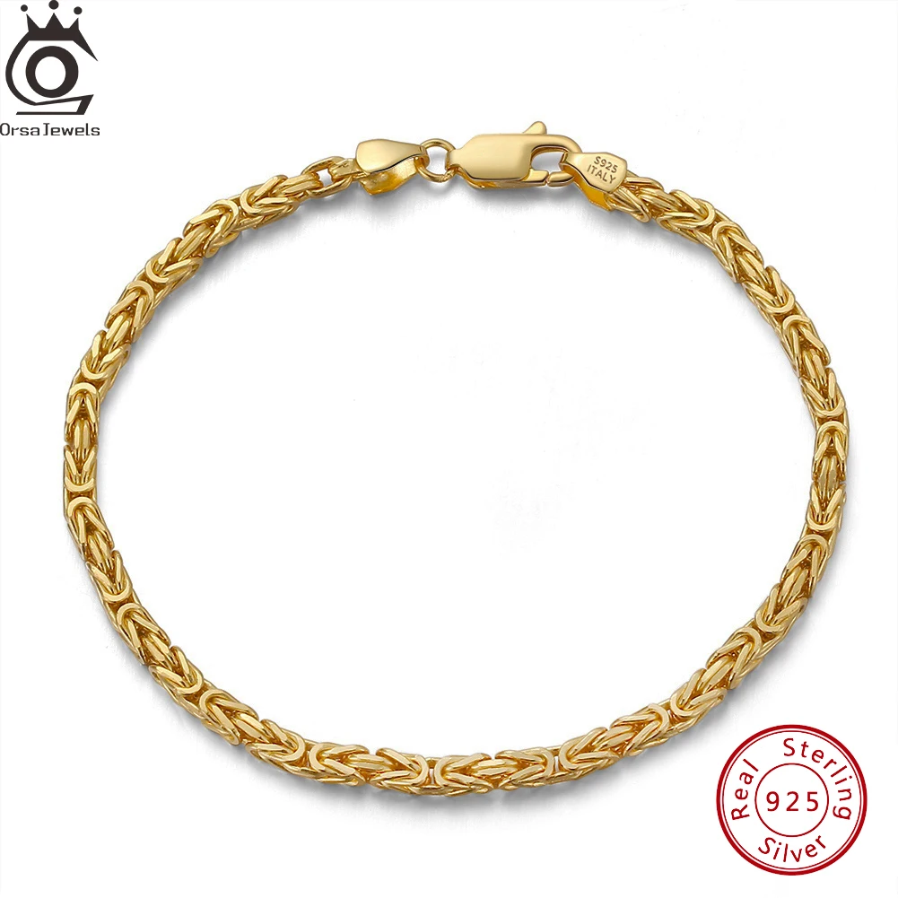 ORSA JEWELS 18K 2.5mm Flat Byzantine Chain Bracelet Necklace 925 Sterling Silver Basic Chain Jewelry Set Lobster Clasp SB122