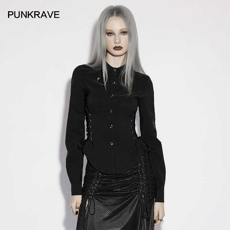

PUNK RAVE Women's Dark Stretch Slim Fit Shirt Side Straps Waist Cinching Design Minimalist Black Top