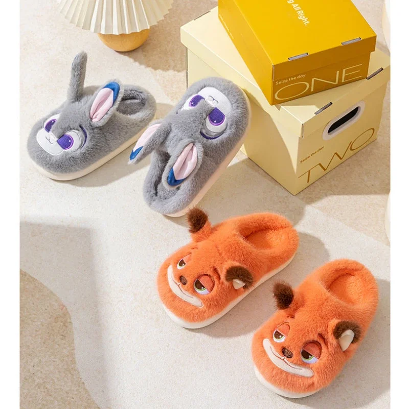 Judy Hopps Nick Wilde New Winter Cotton Slippers Women's Cute Thick Bottom Warm Home Shoes Kawaii Design Fashion Plush Slippers