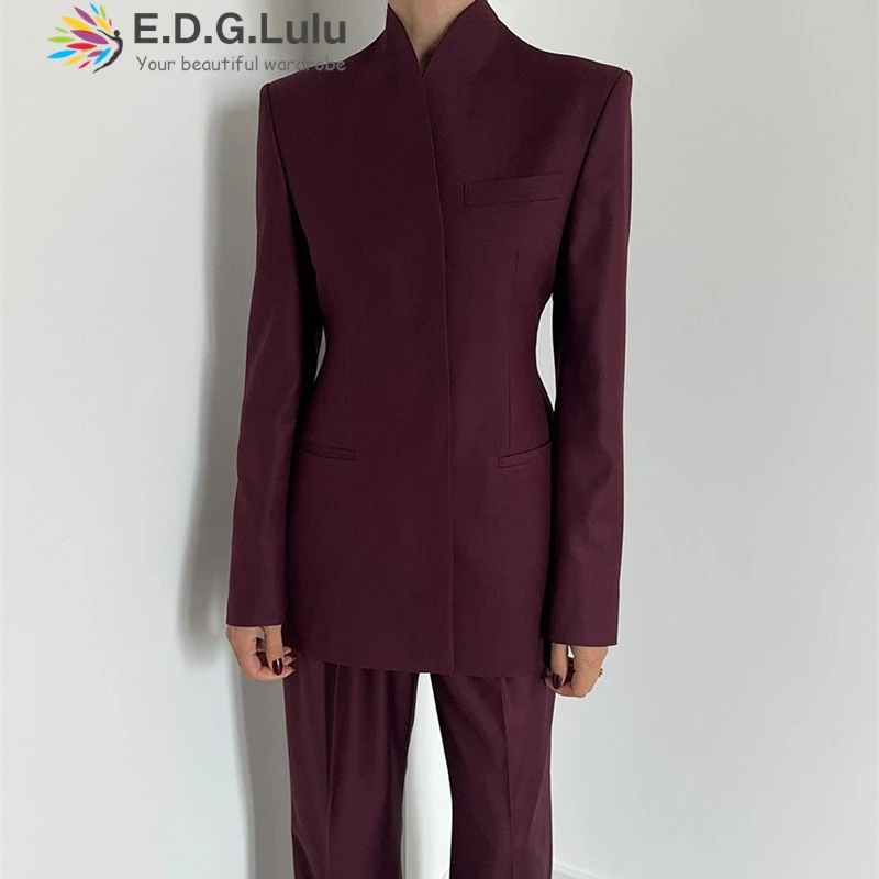 EDGLuLu 2 Piece Sets Women Outfit High Quality Single Breasted Long Sleeved Slim Jacket+High Waisted Wide Leg Pants Red Suit1203