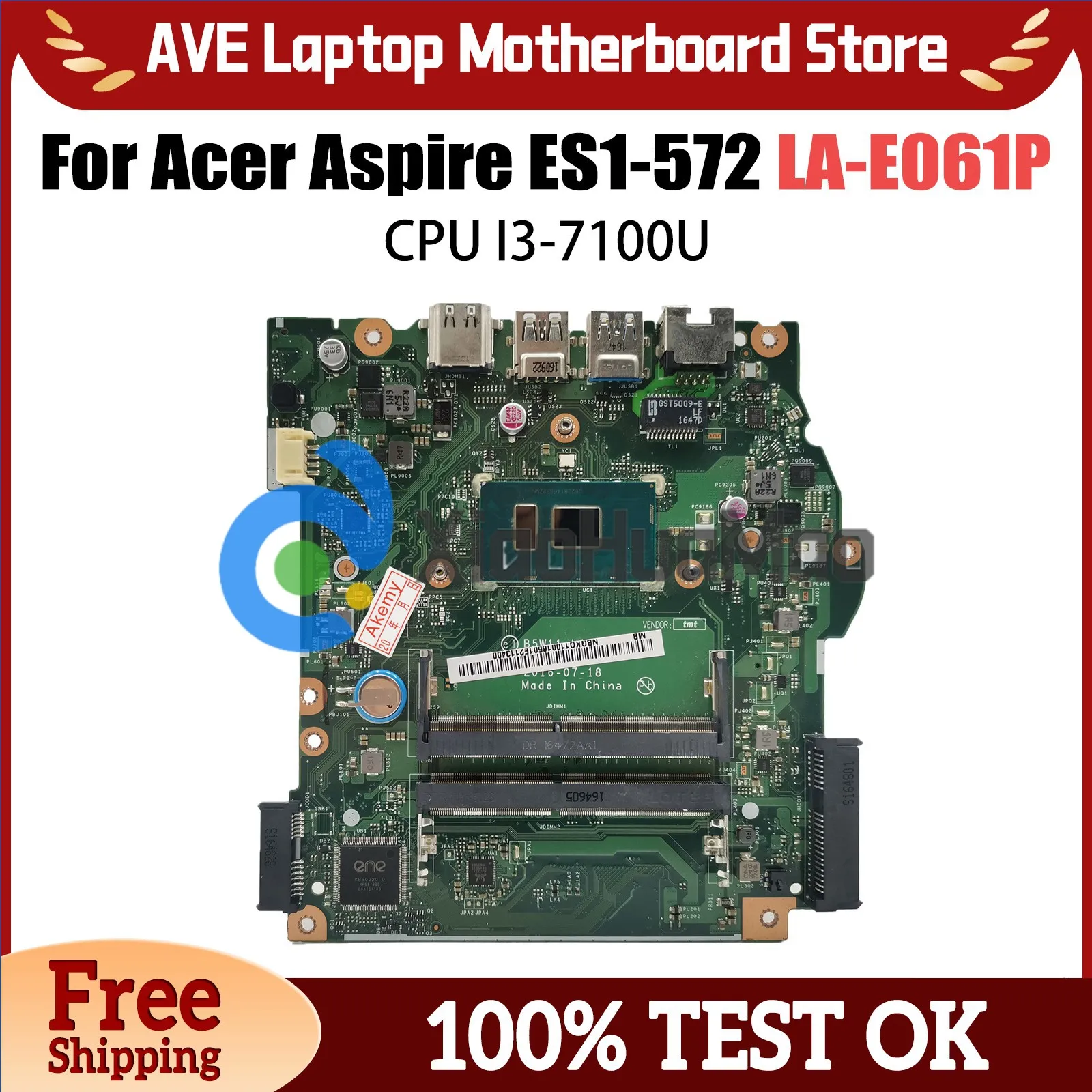 LA-E061P Mainboard For Acer Aspire ES1-572 Series Laptop Motherboard With i3-7100U CPU NBGKQ11001 LA-E061P 100% Fully Tested