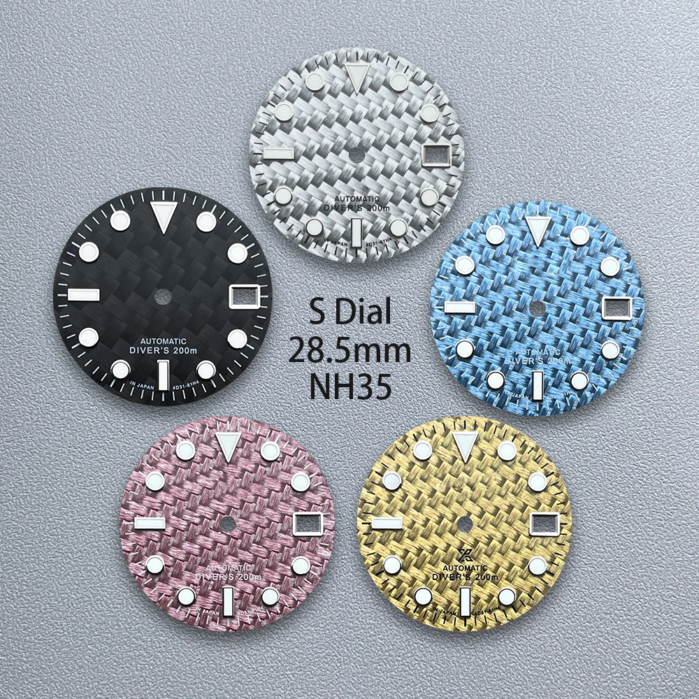 

28.5mm S Logo Carbon Fiber Dial Fit NH35/NH36/4R/7S Movement Green Luminous Weave High-Quality Watch Modification Accessories