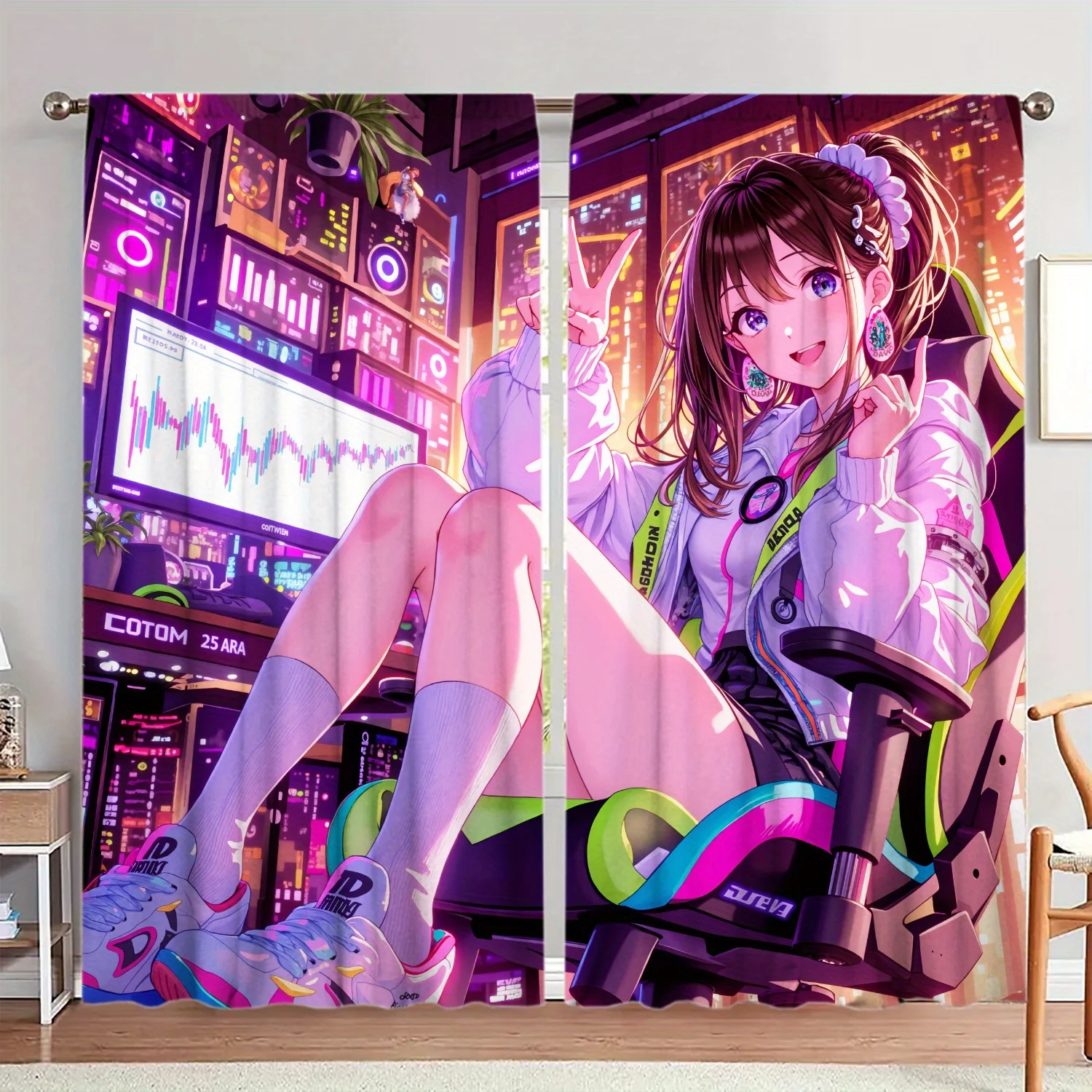 2pcs Anime Girl Curtains Cyberpunk Gamer Print Blackout Drape Living Room Bedroom Window Treatment Home Decor