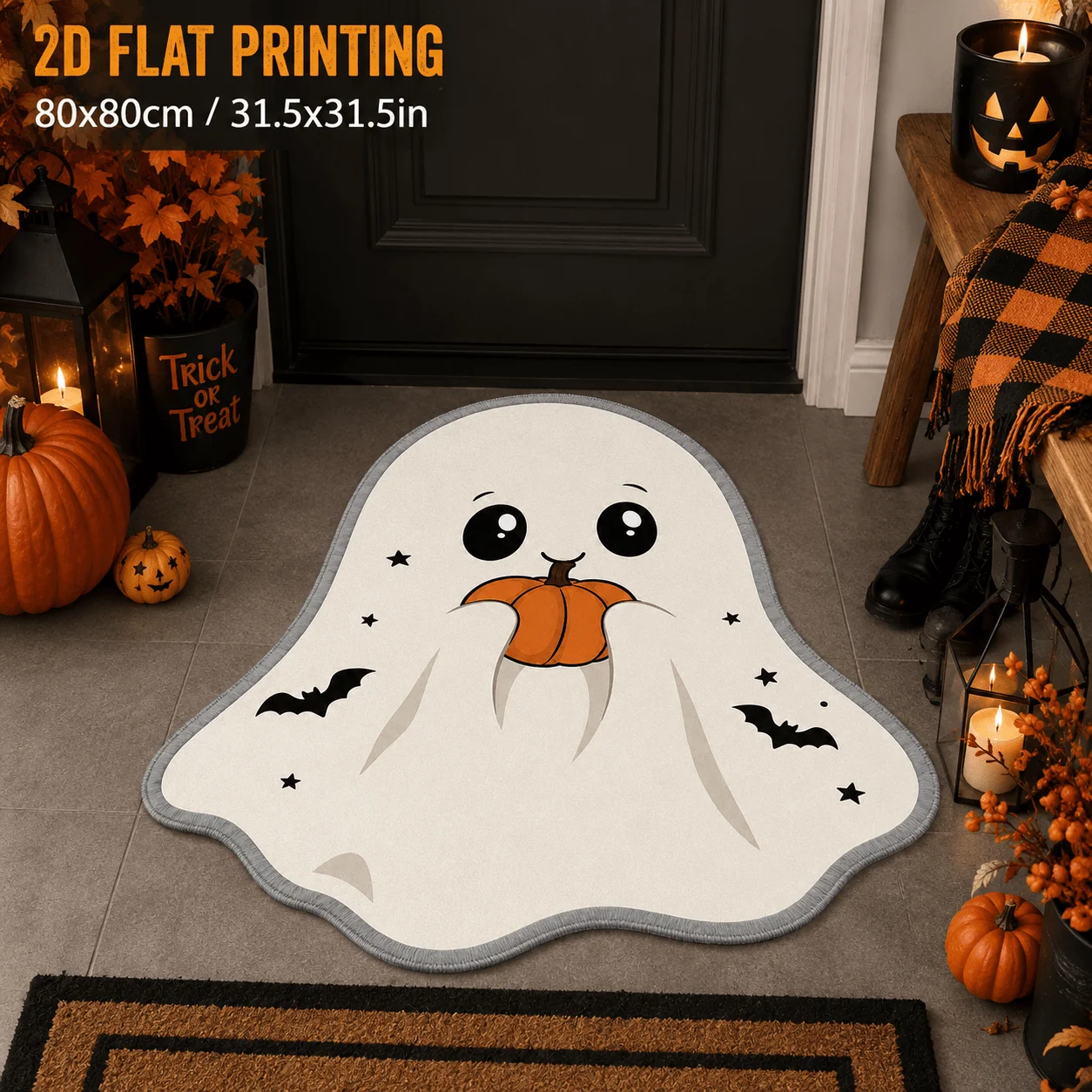 VIKAMA Cute Ghost Shaped Bath Mat Halloween Pumpkin Bat Star Print Washable Soft Rug for Bathroom Indoor Home Festival Decor Rug