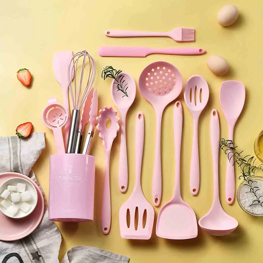 12/15Pcs Pink Food Grade Silicone Kitchen Cookware Utensils Set Turner Spatula Soup Spoon Practical Cooking Tool Kitchenware Set