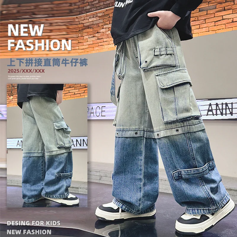 

Джинсы для больших мальчиков, джинсовые штаны для малышей, модные подростковые джинсовые штаны с несколькими карманами, осень 2023, детские модные брюки-карго, 120-170 см