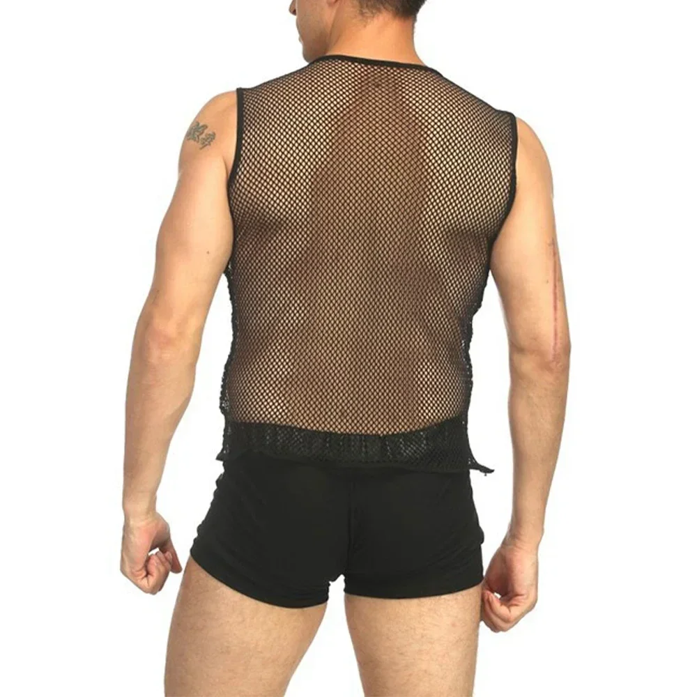 Mens Tank Top Mesh Erotic Hombre Fishnet Breathable String Vest Sleeveless See Through Slim Sport Solid Color Stretch Shirts