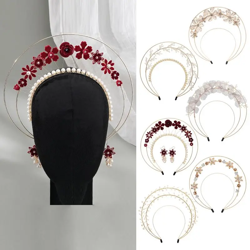 New women\'s ancient style lolita headdress Madonna halo hair crown fashion runway dress up handmade flower pearl hair band