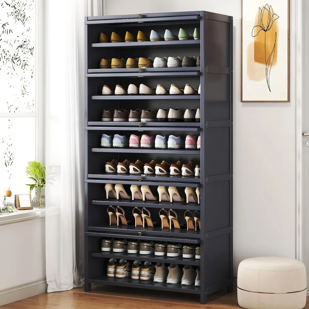 Shoe Cabinet, 10 Tiers 40-45 Pairs Heavy Duty Bamboo Freestanding Shoe Storage Cabinet, 67.7'' Tall Shoe Rack with Open Storage