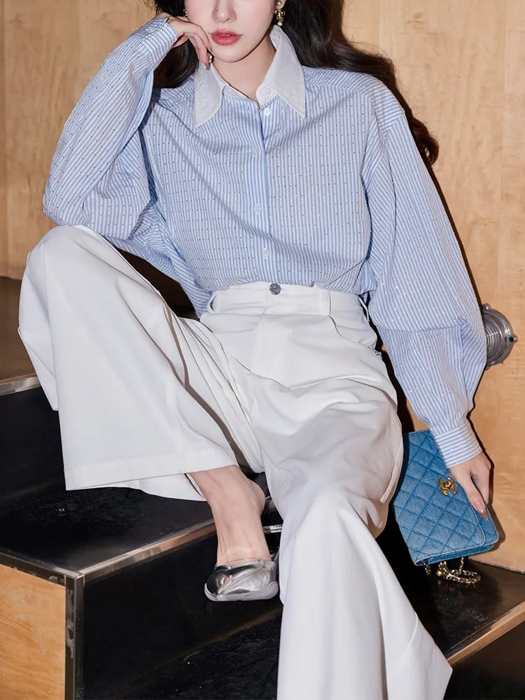 

Женская весенняя хлопковая рубашка с длинным рукавом, свободного кроя, с богатой отделкой, сине-белая, дышащая, для повседневной носки