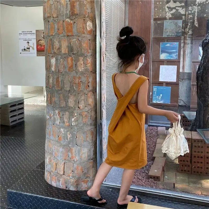 Summer Girls' Korean Version Irregular Vest Dress Back Cross Suspender Dress Fashion and Beautiful Kids Skirt