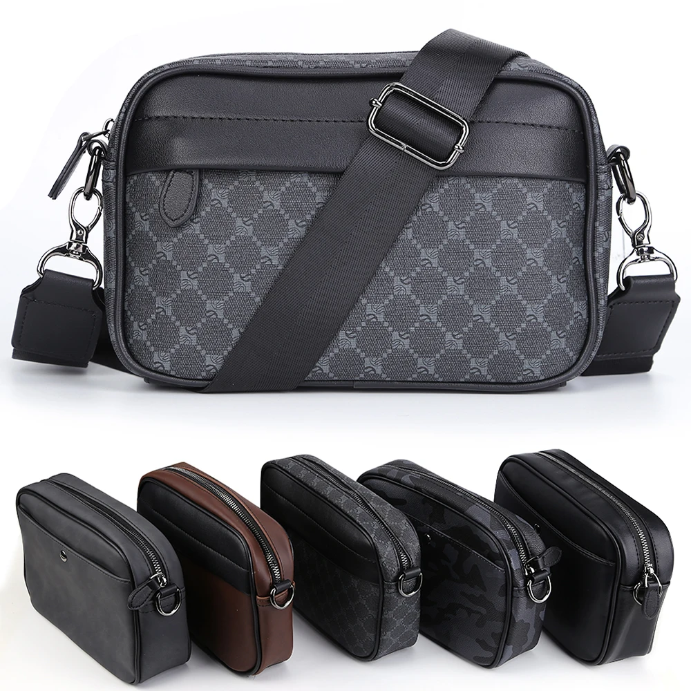 

Casual Business Shoulder Bag for Men PU Leather Messenger Bag Wide Strap Crossbody Bags Square Plaid Designer Male Sling Bags