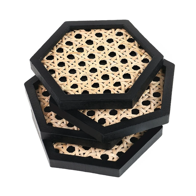 

Unique Wooden Rattan Coasters Stylish Rattan Decor To Protect Surfaces Set Of 4 Classic Black Coasters For Drinks