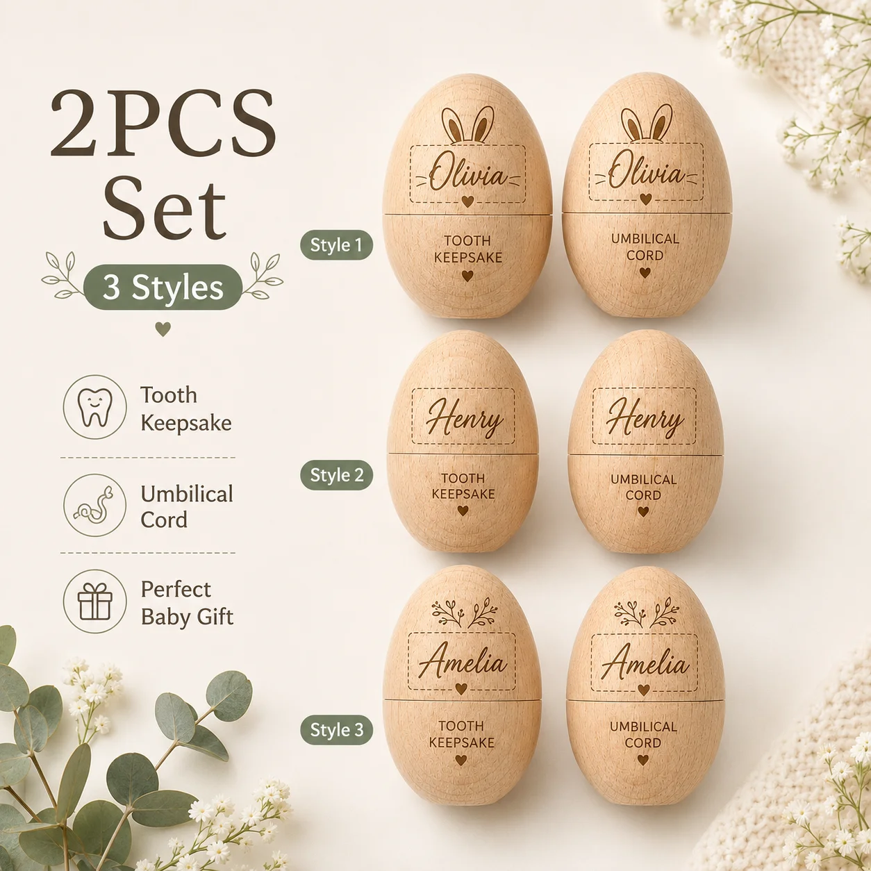 2Pcs Customized Wooden Keepsake Box Set, Egg-Shaped Mini Storage Box, Suitable for Organizing and Storing Keepsakes Such as Teeth and Umbilical Cords, Ideal for Placing on Home Desks, in Drawers, or in Picture Frames, Also Makes an Ideal Shower Gift or Gift for New Parents, Birth Souvenir, Gift for New Parents, Pregnancy Gifts