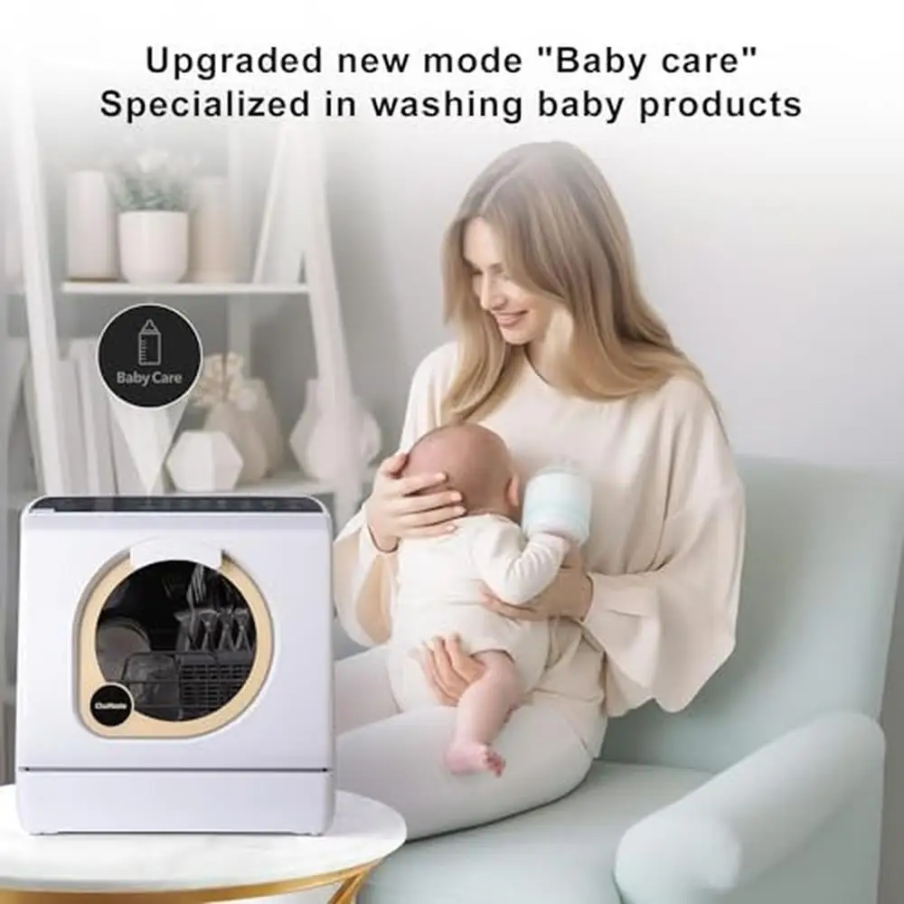 غسالة أطباق محمولة مدمجة مع 5 أوضاع للغسيل، تحكم بلوحة لمس LED وخزان مياه بأذرع رش مزدوجة