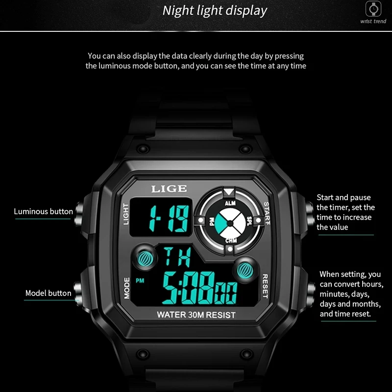 LIGE Fashion Casual Electronic Man Watch Sports Waterproof Luminous Alarm Stainless Steel Band Digital Men's Watches Chronograph view 5