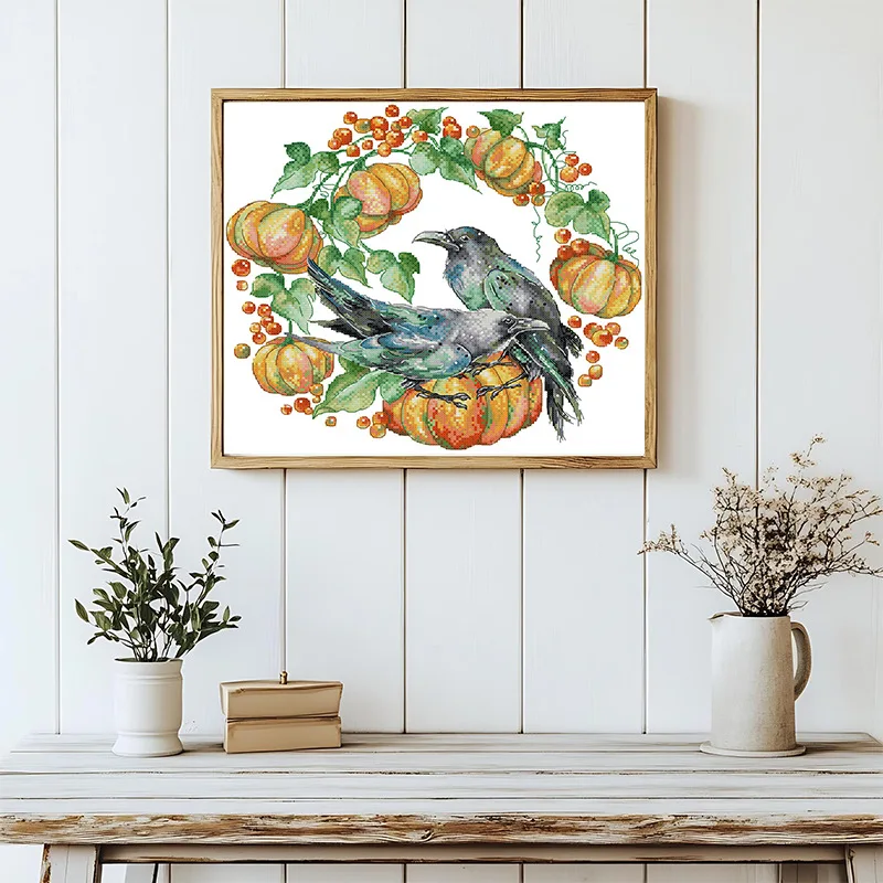 

Soulgift Stamped Pre-Printed Cross Stitch Kits, 9CT/11CT/14CT/16CT DMC Threads, Easy To Follow - Bluebird Pumpkin Wreath