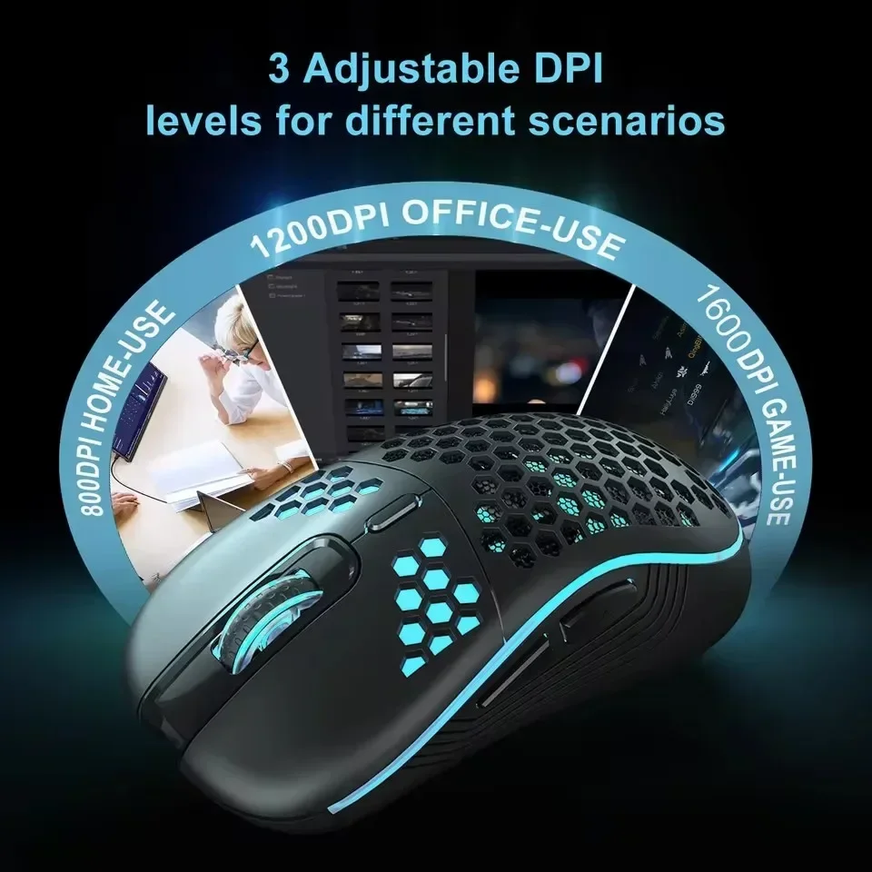 

YP ZLRLMHY Adjustable DPI2.4G Wireless Mouse with USB Receiver, Lightweight Cellular Design, Rechargeable RGB Backlit Mouse