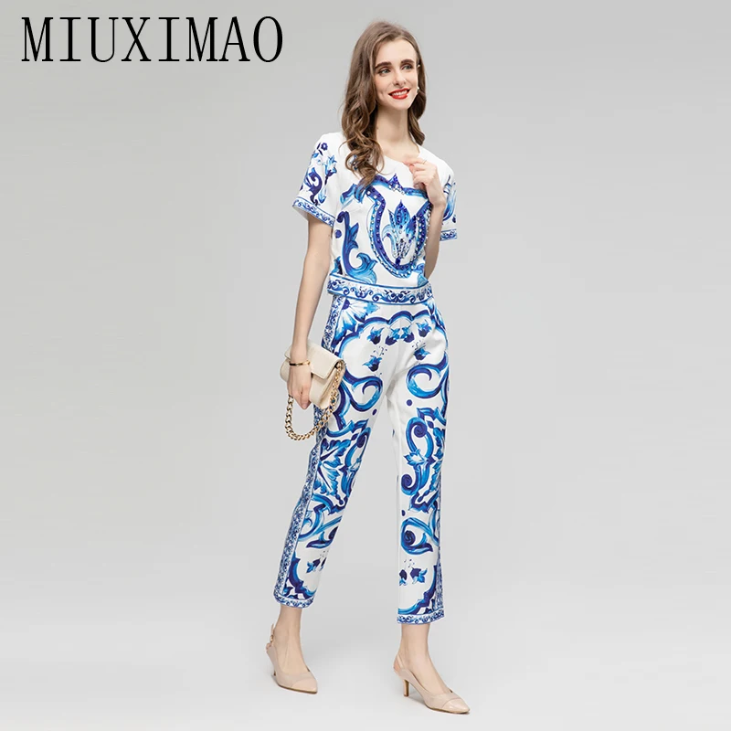 

MIUXIMAO 2023 Fall Diamond Sicily Elegant Set blue and white porcelain Print Top+ Pants Fashion Two-piece Set Women Vestides