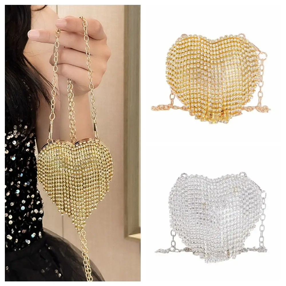 

Retro Rhinestone Tassel Dinner Bag Acrylic Heart Shaped Banquet Chain Bag Single Shoulder Wallet Lipstick Bag Girls