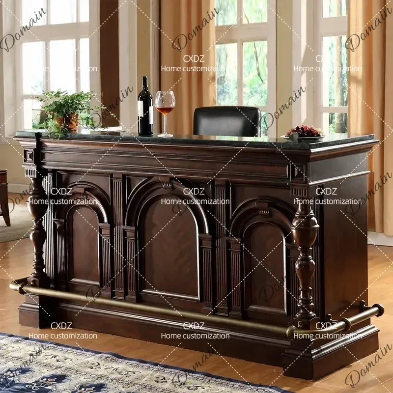 RPS American Retro Solid Wood Bar Counter Hotel Clubhouse Front Desk Reception Table Cashier Station Household Marble Wine H