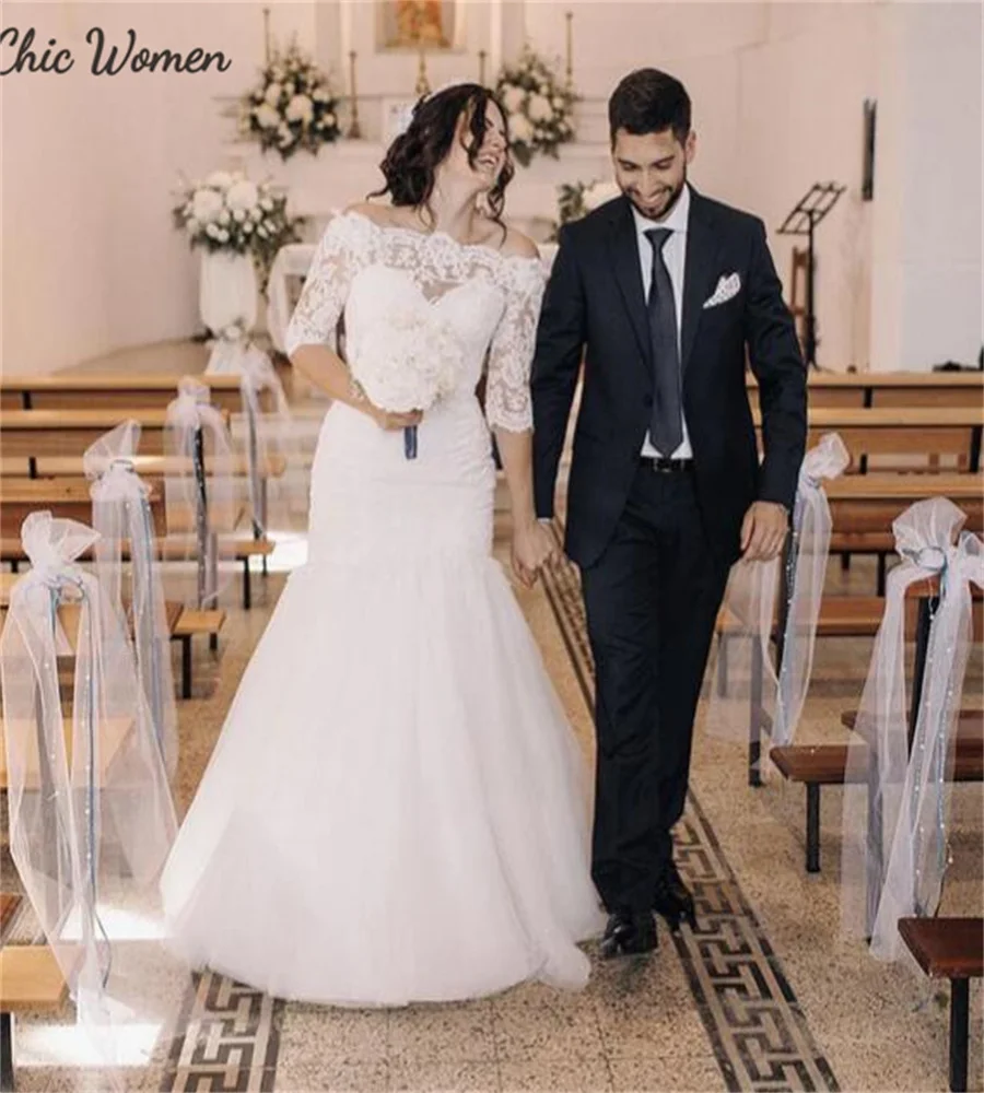 Hermoso vestido de novia de encaje blanco de sirena, cuello de barco, Media manga, vestido de novia de campo de jardín, corsé, novia Bohemia caprichosa