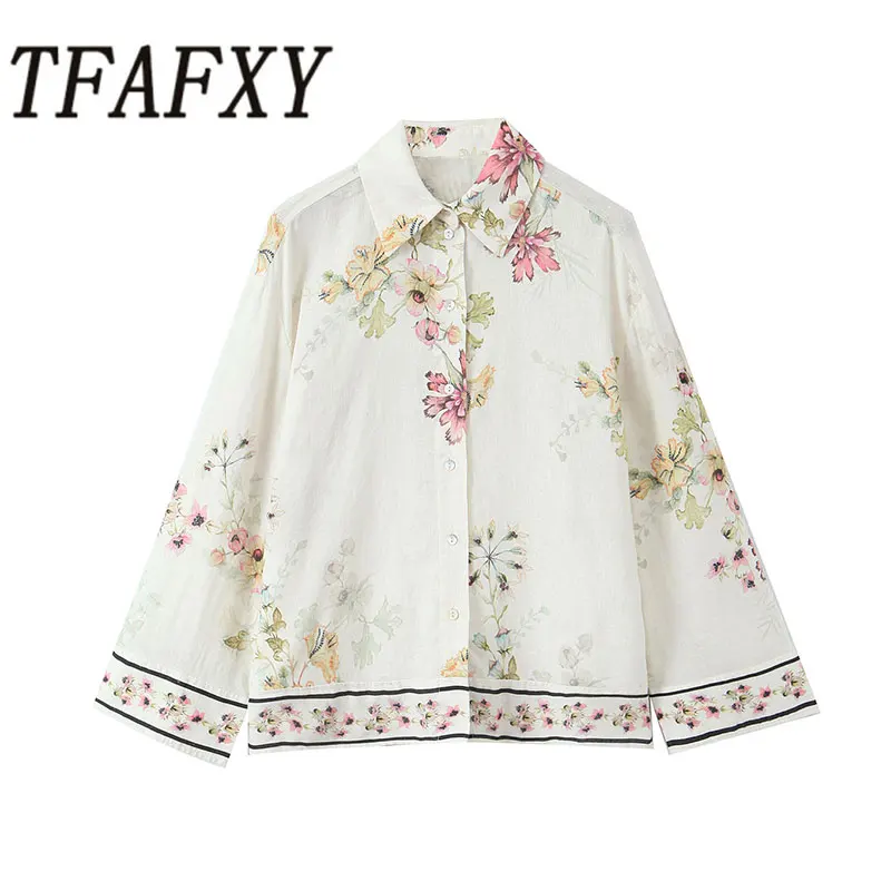 

TFAFXY тонкая женская блузка с принтом, весна-осень 2026, однобортная свободная рубашка, женский повседневный офисный топ Y2K