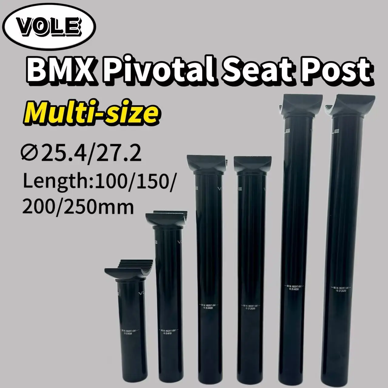 Tubo de Asiento Pivotal para Bicicleta BMX VOLE, Multitamaño 25.4/27.2 100/150/200/250 mm, Aleación de Aluminio, Negro Mate, Piezas para Bicicleta