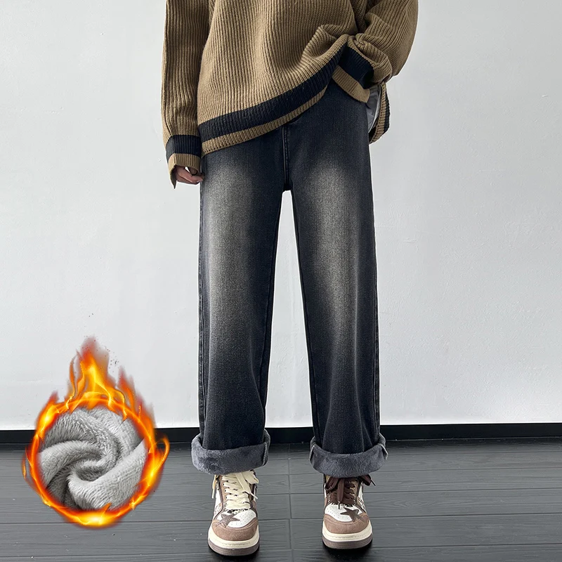 

Straight Loose Winter Fleece Warm Jeans Men Nostalgia Streetwear Washed Thicken Denim Trousers Classic Thermal Velvet Male Pants