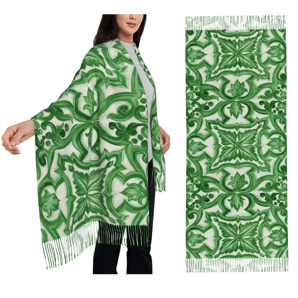 

Green Ornate Floral Mediterranean Sicilian Tile Scarf Tassel Scarves Soft Warm Shawls and Wraps Large Fall Winter Shawl Wrap