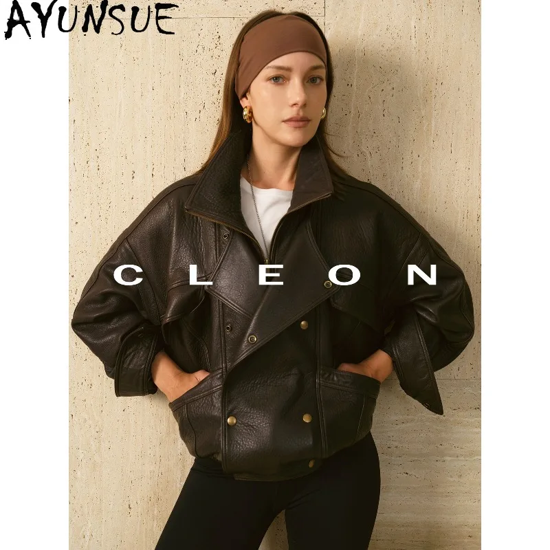 AYUNSUE Real Leather Jacket Woman Fashion Lapel Motorcycle Outerwear Loose Bubbled Leather Jackets Clothing for Woman Ropa Mujer