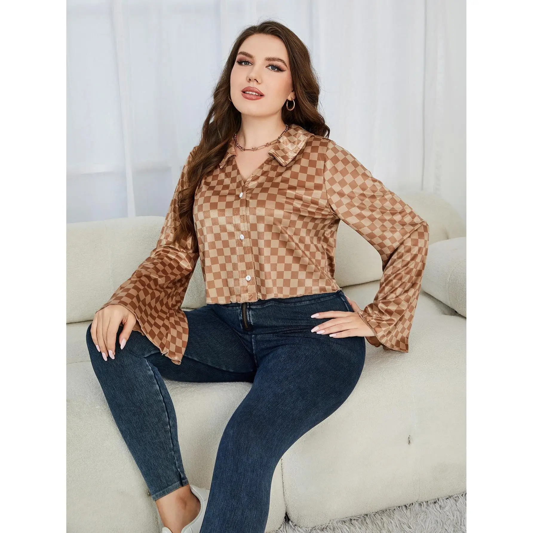 Plus Size Dames Geruite Overhemden Mode Kleur Collish Revers Lange Mouwen Pendelen Dames Blouse Grote Elegante Casual Losse Tops