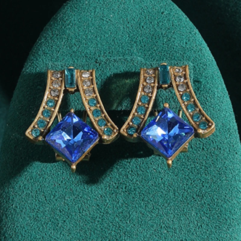

Vintage Blue Earrings High Quality Fpr Woman Square Crystal Quartz Luxury Designer Jewelry Large Gold Color Accessories 2025 New