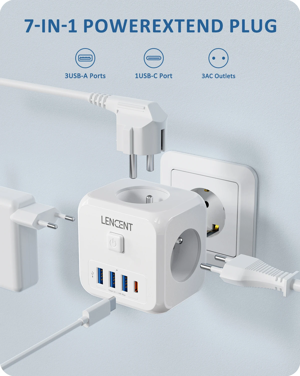 LENCENT FR enchufe extensor de enchufe de pared múltiple adaptador de corriente Cube con USB-A y tipo C enchufe de carga rápida interruptor de encendido/apagado para el hogar