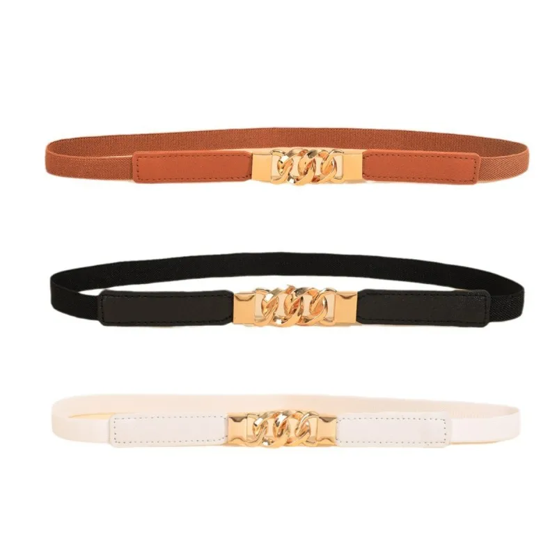 Golden round buckle elastic waistband suitable for matching dresses, shirts, long coats, etc