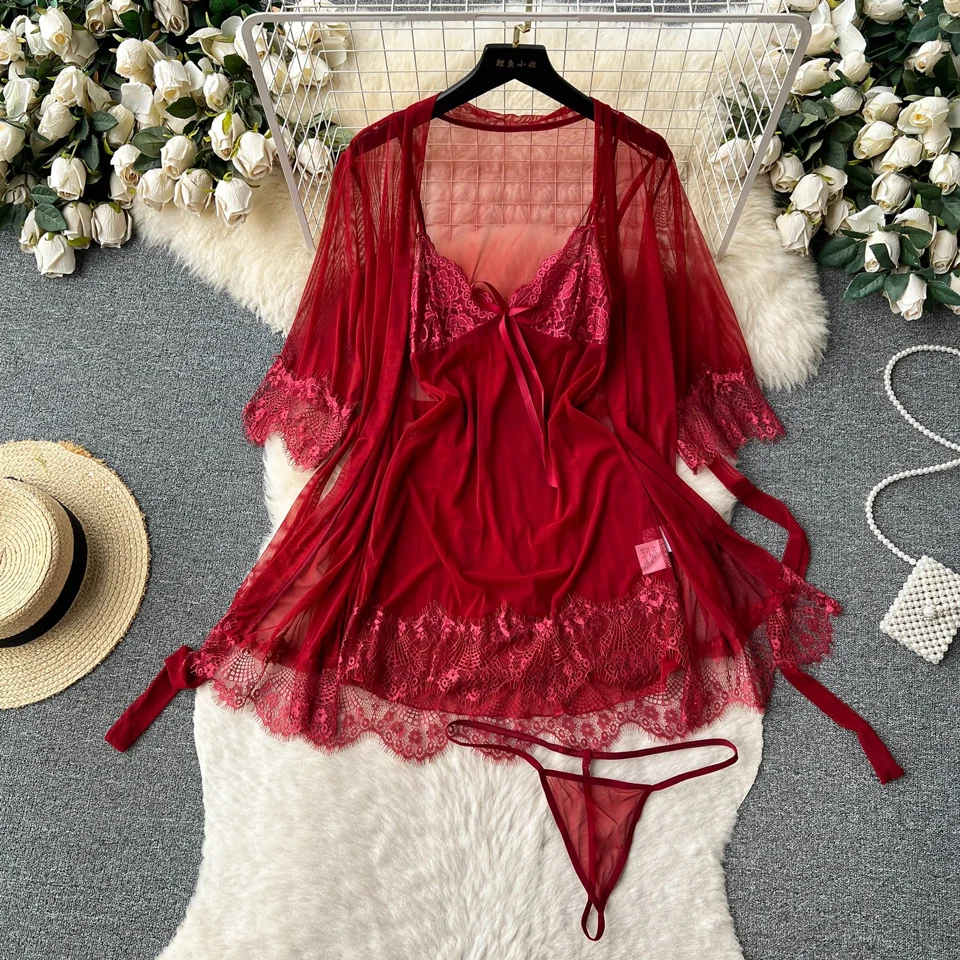 Lace Babydoll Sexy Sleepwear Mesh Bridal Night Dress Mini Chemise Wedding Nightie Nightgown With Robe Lingerie for Women