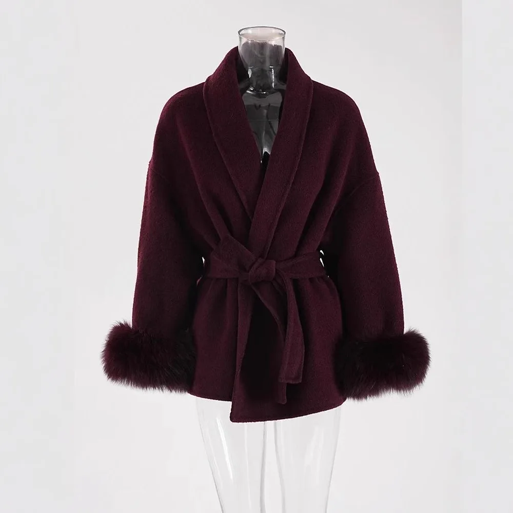 

2026 New Elegant OL Office Lady Wool Coat Fox Fur Long Sleeve Overcoats Blends Beautiful Women's Jacket Autumn Winter Coat