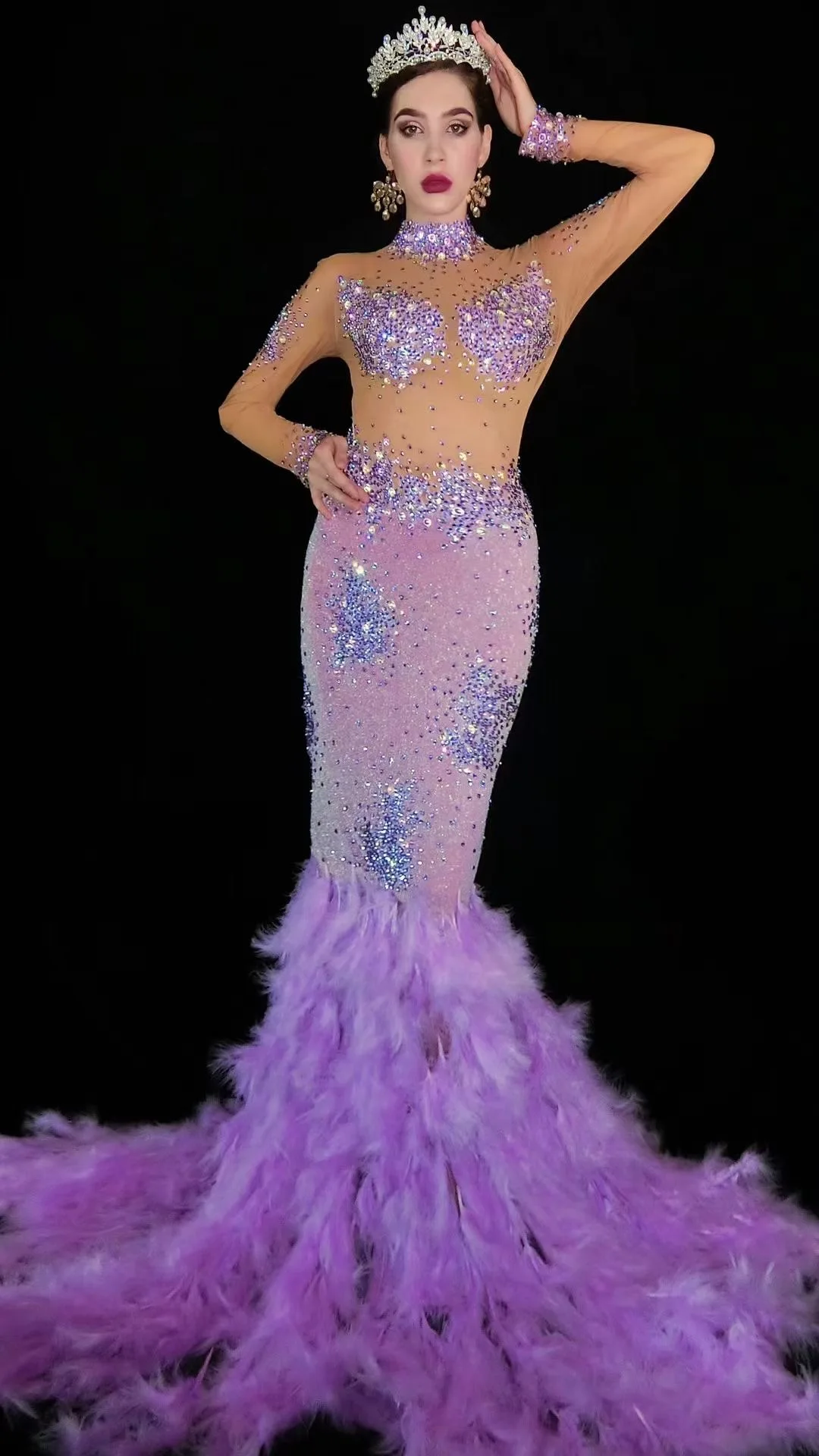 Paarse Strass Lange Jurk Veren Zoom Zanger Toneelkostuum Verjaardag Vieren Avondjurken Festival Kleding yj039