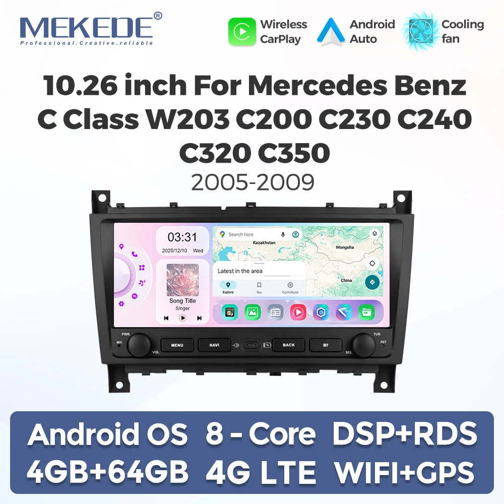 Autoradio MEKEDE Android 15 8 Core con Carplay Wireless, DSP, Lettore Multimediale per Mercedes Benz Classe C W203 W209 C180 W219 CLC CLK CLS, BT, Android Auto, 4G, WIFI, RDS, FM, GPS, Navigazione,