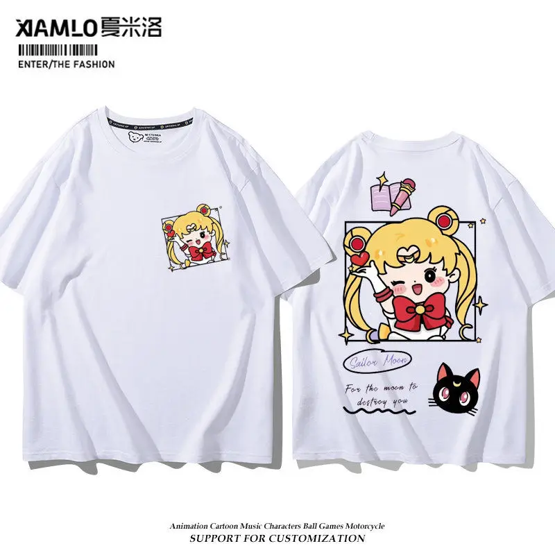 Cute Cartoon Kawaii Sailor Moon Best Friend Summer New T-shirt Men's and Women's Loose Cotton Short sleeved Top