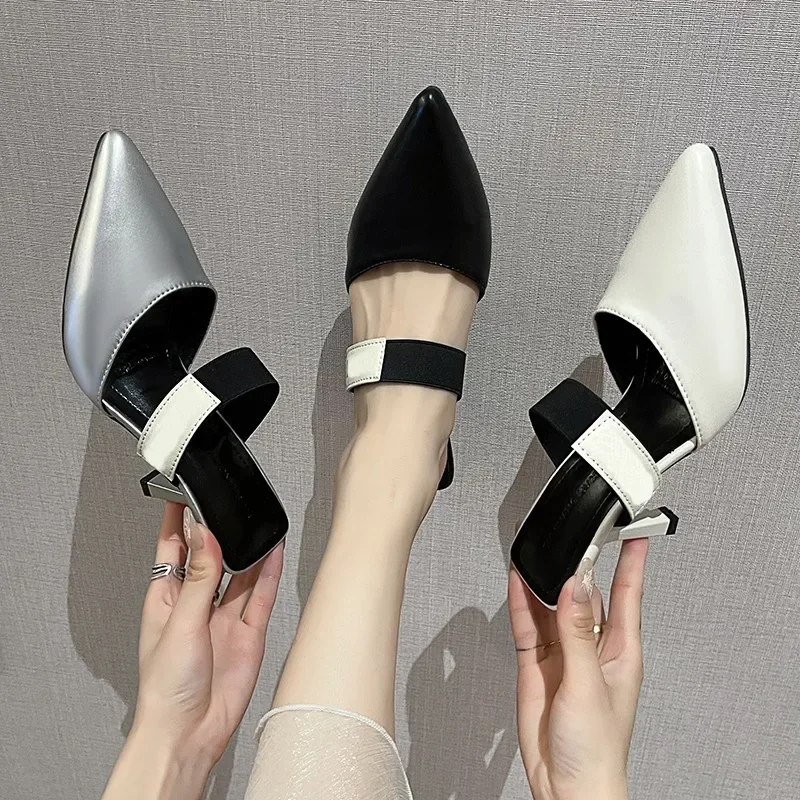 2024 Summer New Women High Heels Fashion Elegant Pointed Toe Mid Heel Slippers Ladies Mules Comfortable Shoes for Women Zapatos