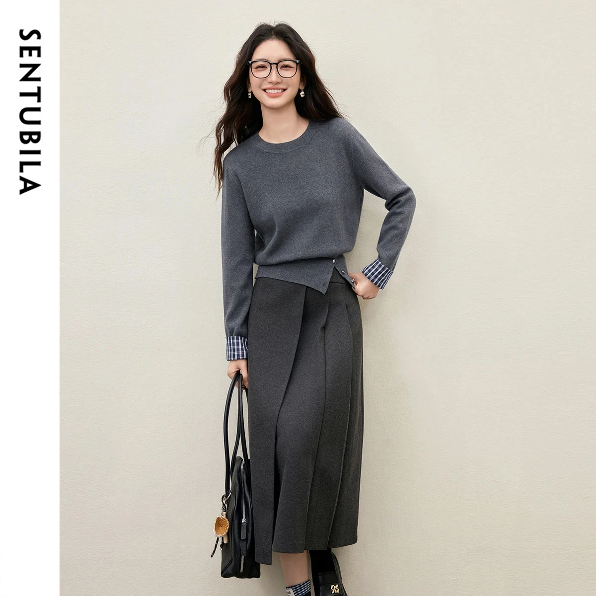 

SENTUBILA Women's Suit Set 2025 Winter Contrast Plaid Cuff Knit Sweater A-Line Midi Skirt Office Lady Two-piece Set 754ZA5630Z