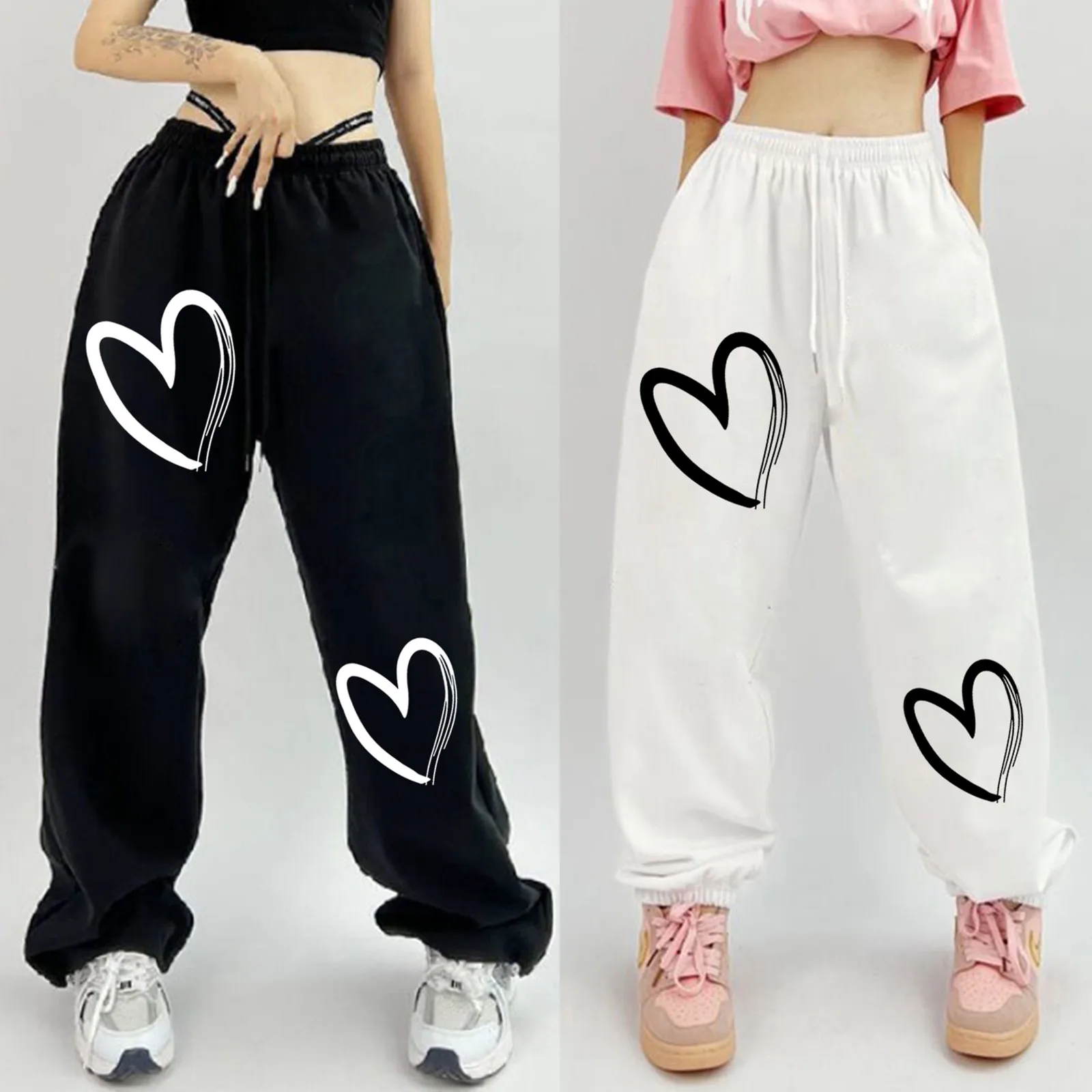 

Wide Leg Pants Women Baggiest Harajuku Femme Streetwear Joggers Heart-stitch Aesthetic Drawstring Pantalones Loose Soft Trendy