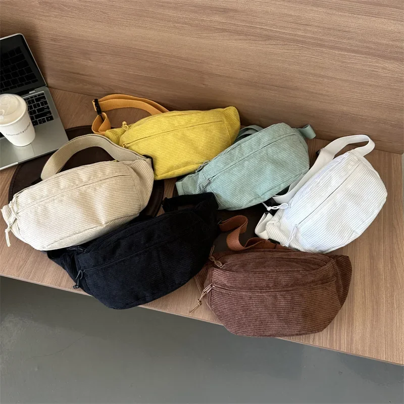 Corduroy Women Waist Bag Canvas Student Shoulder Crossbody Chest Bag 2024 Fanny Pack Fashion Phone Banana Female Bum Belt Bags