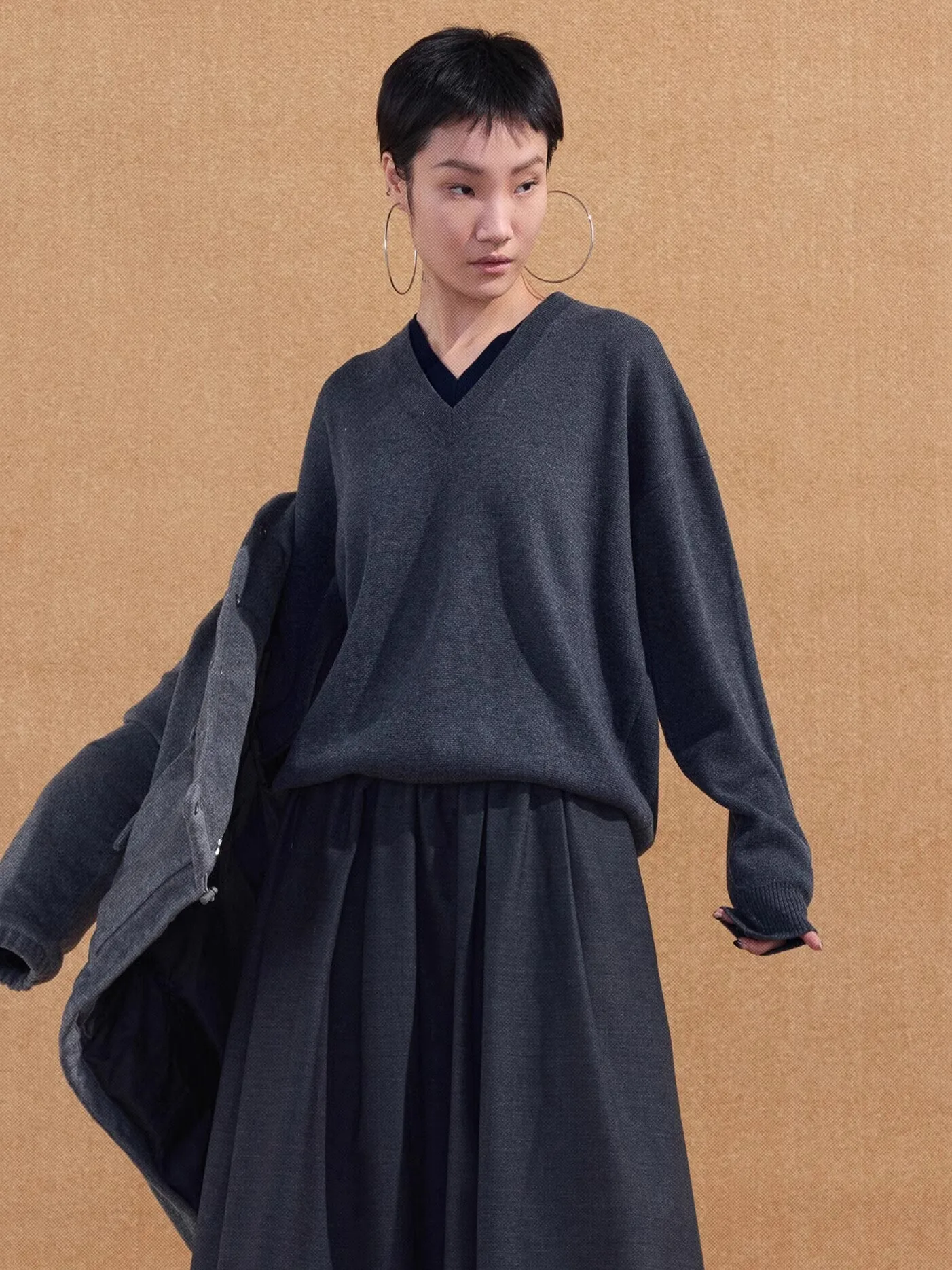 

Loose Woolen Knitted Sweater ay ex apel Faion Miu Sle Autumn Winter Commute Sle Single Piece Long Sve V-Ne