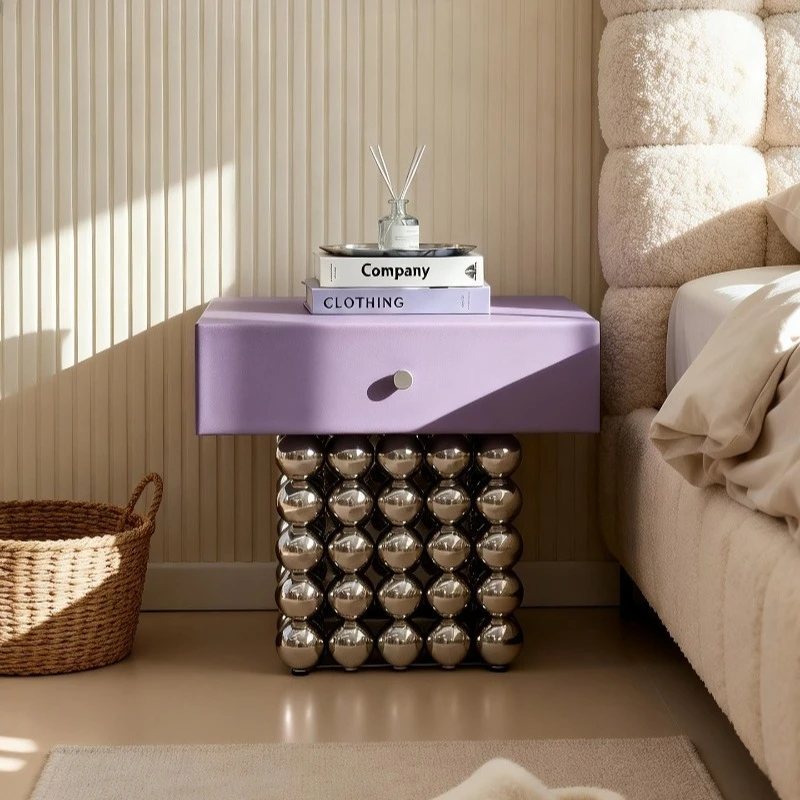 Minimalist style creative bedroom purple bedside table belongs to steel ball base decoration living room solid wood side cabinet
