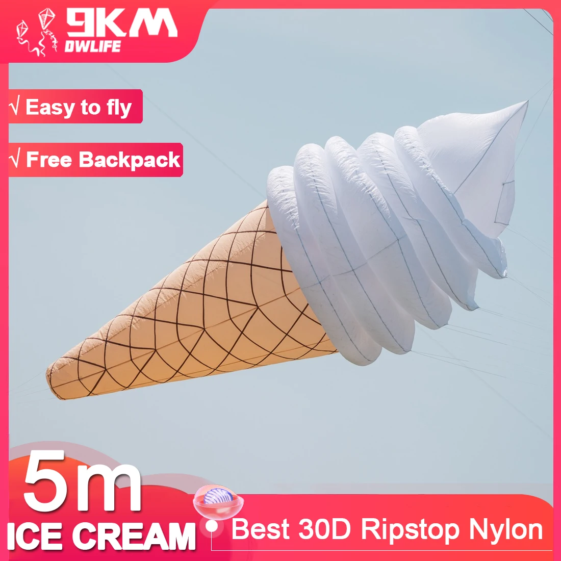 

9KM 5m Ice Cream Kite Line Laundry Pendant Soft Inflatable Marine Theme Show Kite for Kite Festival 30D Ripstop Nylon with Bag